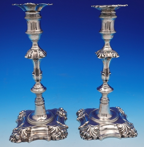Pair of Candlesticks London 1758 engraved family crest 35.4 toz pair 9 1/4